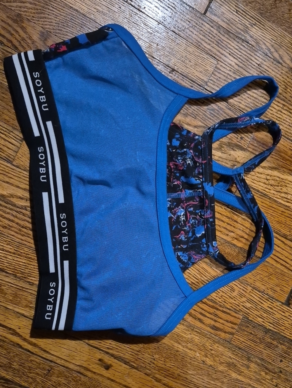 Soybu Blue Sports Bra with Black Branded Band and Multicolor Strappy Back